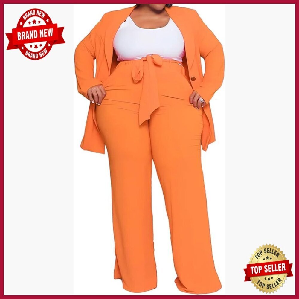 Plus Size Business Suit Set Blazer Pants Elastic Waist Straight Leg